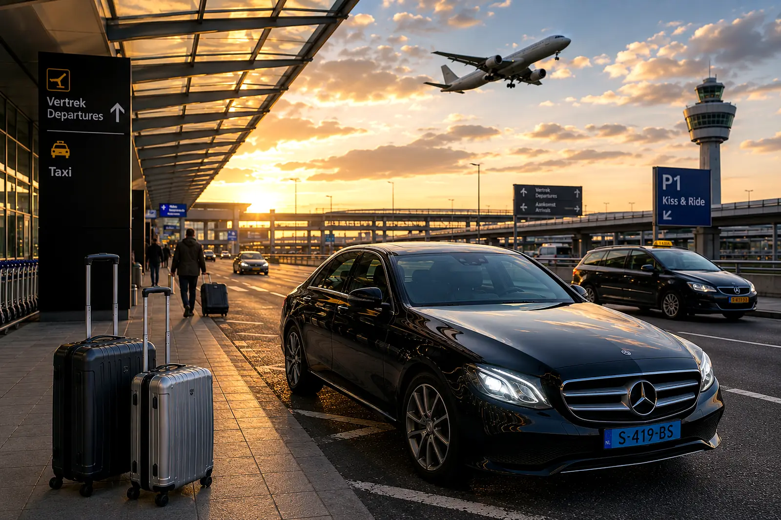 Taxi bij de vertrekhal van een luchthaven bij zonsopgang
