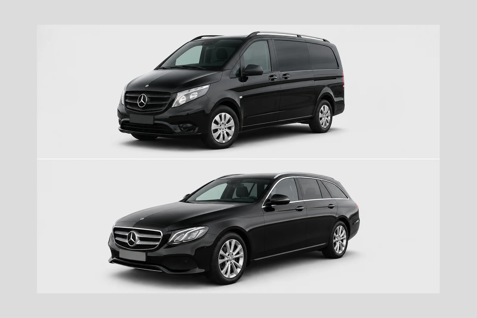 De voertuigen van Taxi Road: Mercedes-Benz Vito en Mercedes-Benz E-Klasse